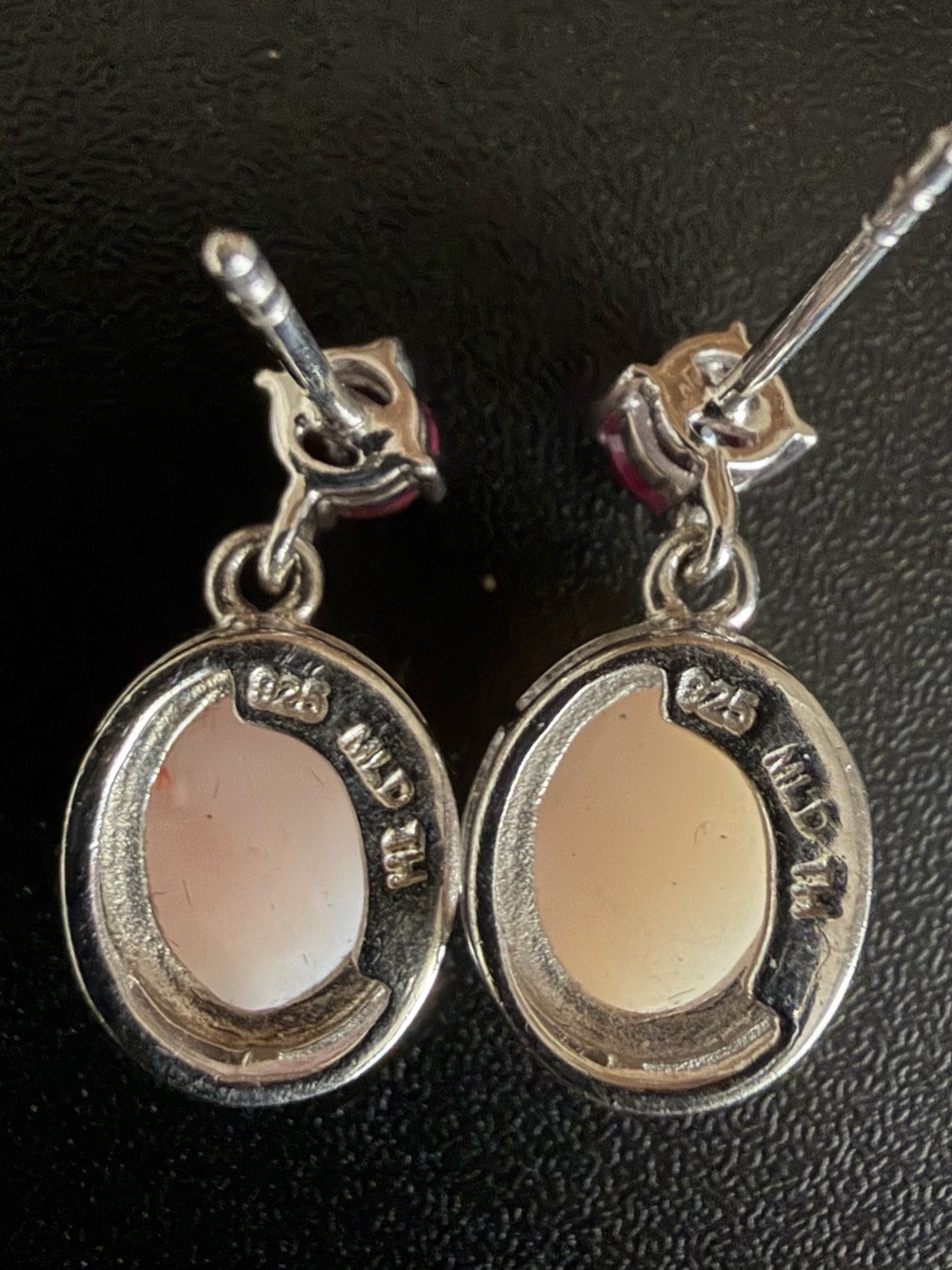 VINTAGE MLD TH 925 STERLING SILVER PINK OPAL & RHODOLITE GARNET DANGLE EARRINGS - Picture 6 of 12